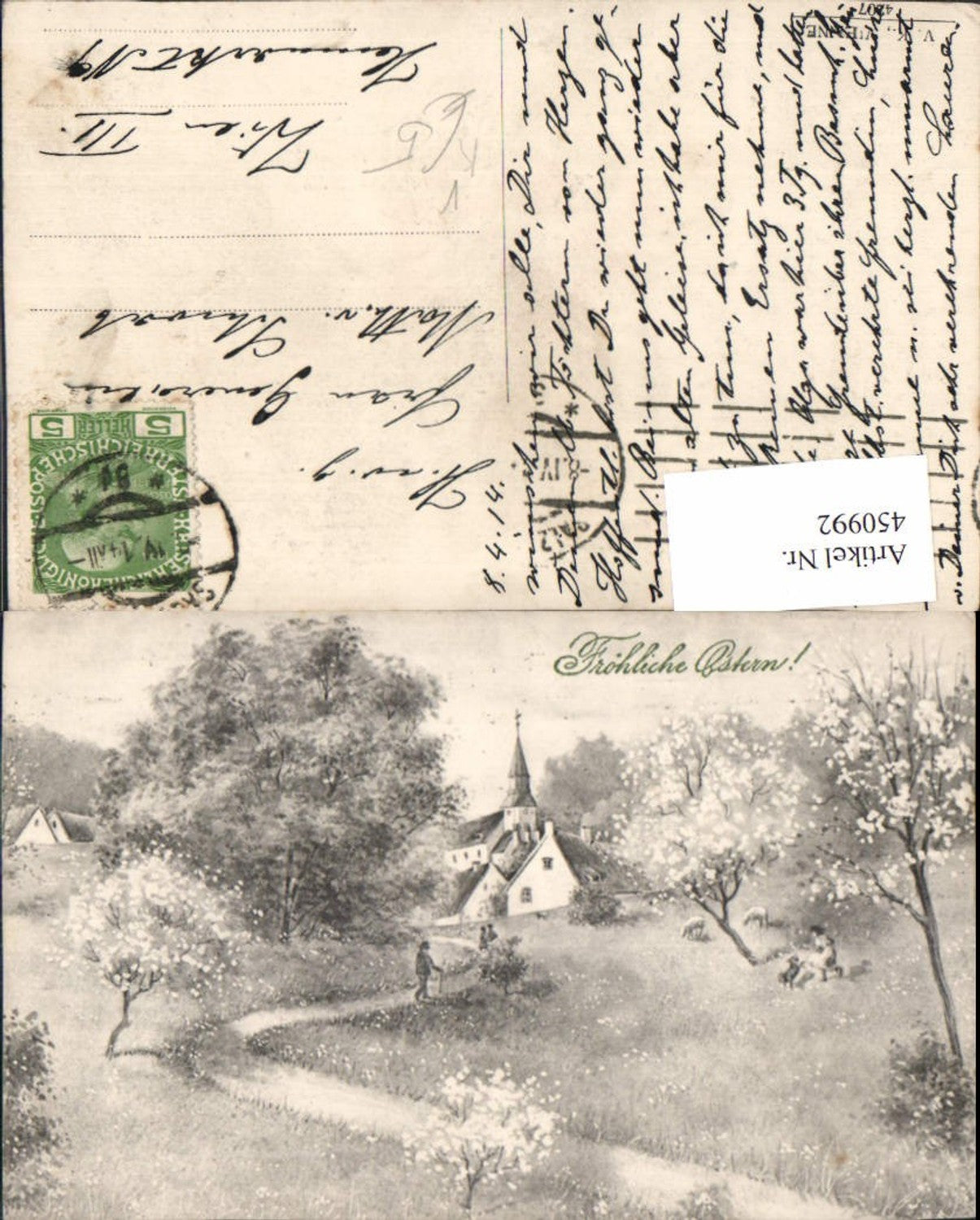 450992,V.K. Vienne 4207 Künstlerkarte Ostern Landschaft Baumblüte Dorf