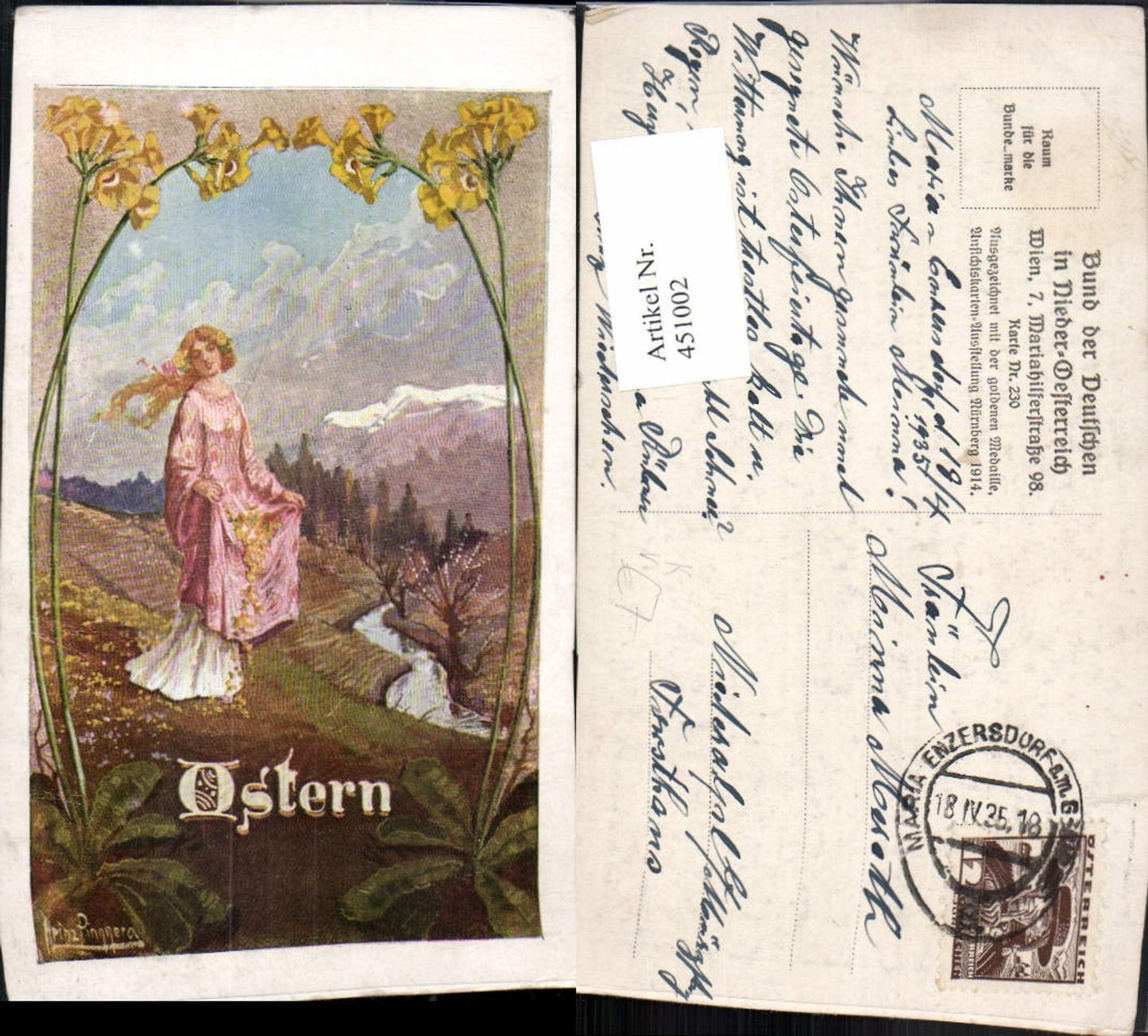 451002,Bund d. Deutschen in NÖ 230 Künstler Heinz Pinggera Ostern Frau Kleid Blumen