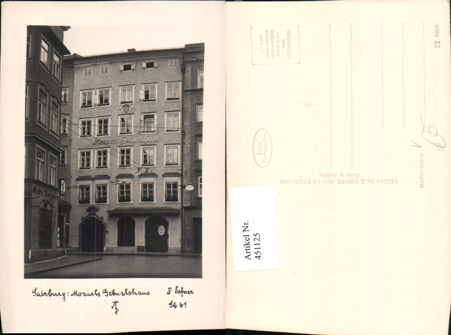 451125,Photographic Art Dr. Defner Sb61 Salzburg Mozart's Birthplace