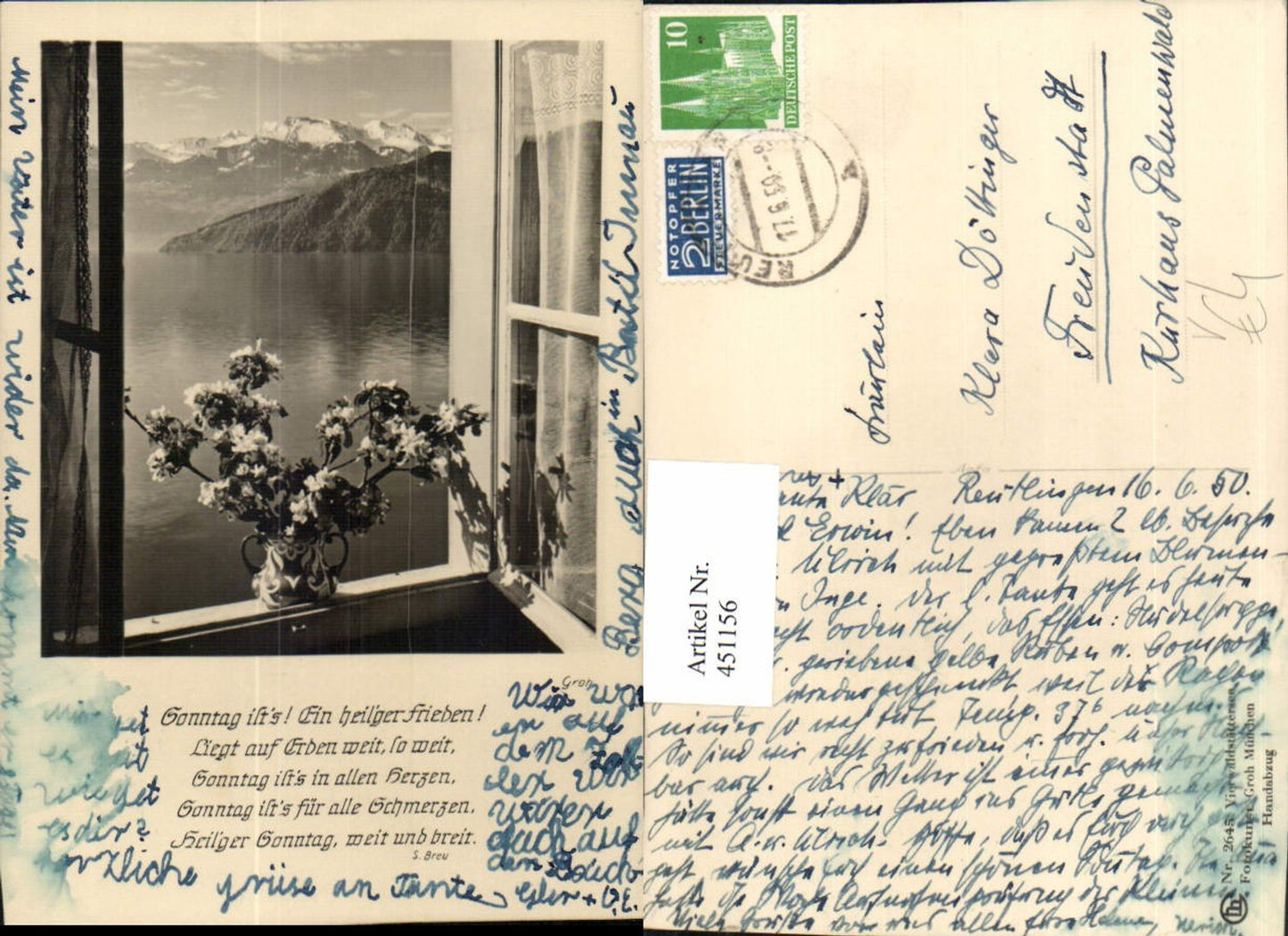 451156,Fotokunst Groh 2645 Fenster Blumen See Bergkulisse Spruch