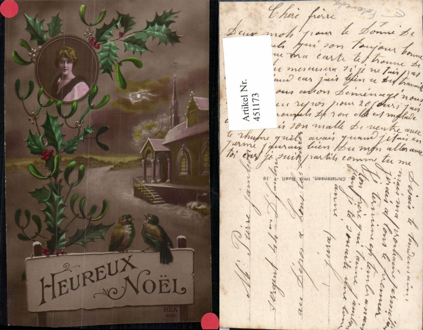 451173,Fotomontage Frau Portrait Kirche Mondschein Vögel pub REX 630