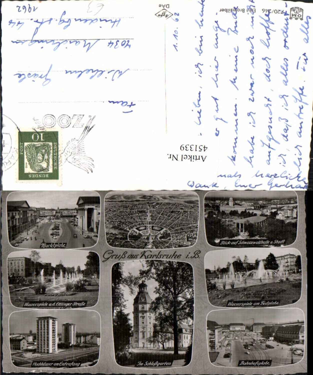 451339,Karlsruhe Totale Marktplatz Wasserspiele Schloss Mehrbildkarte