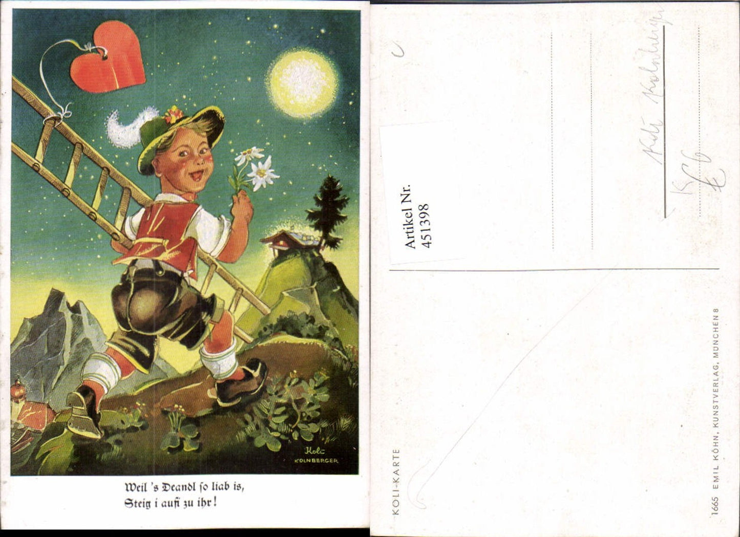 451398,Künstler AK Koli Kolnberger Humor Tracht Leiter Herz pub Emil Köhn 1665