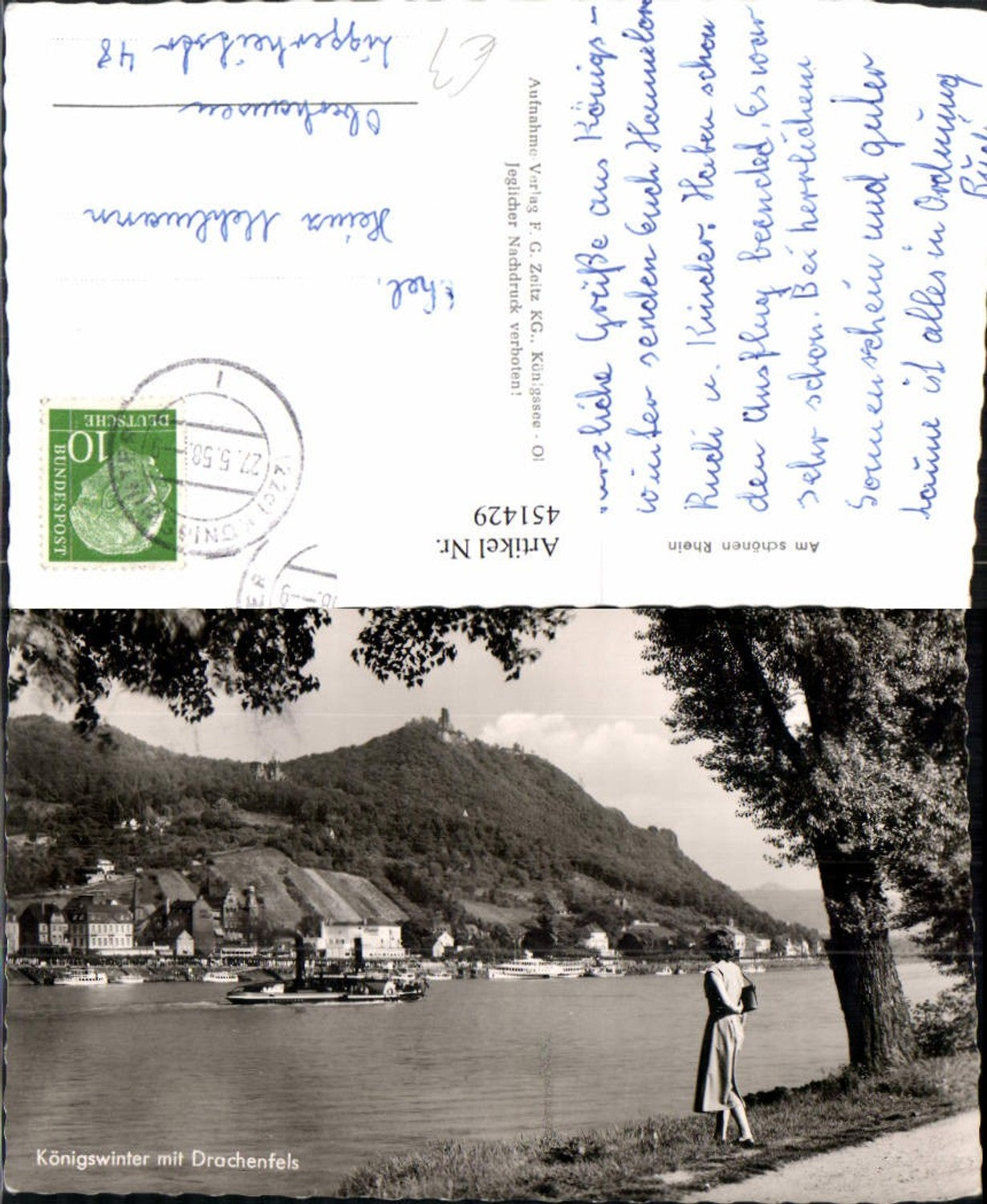 451429,Königswinter am Rhein Teilansicht m. Drachenfels Dampfer