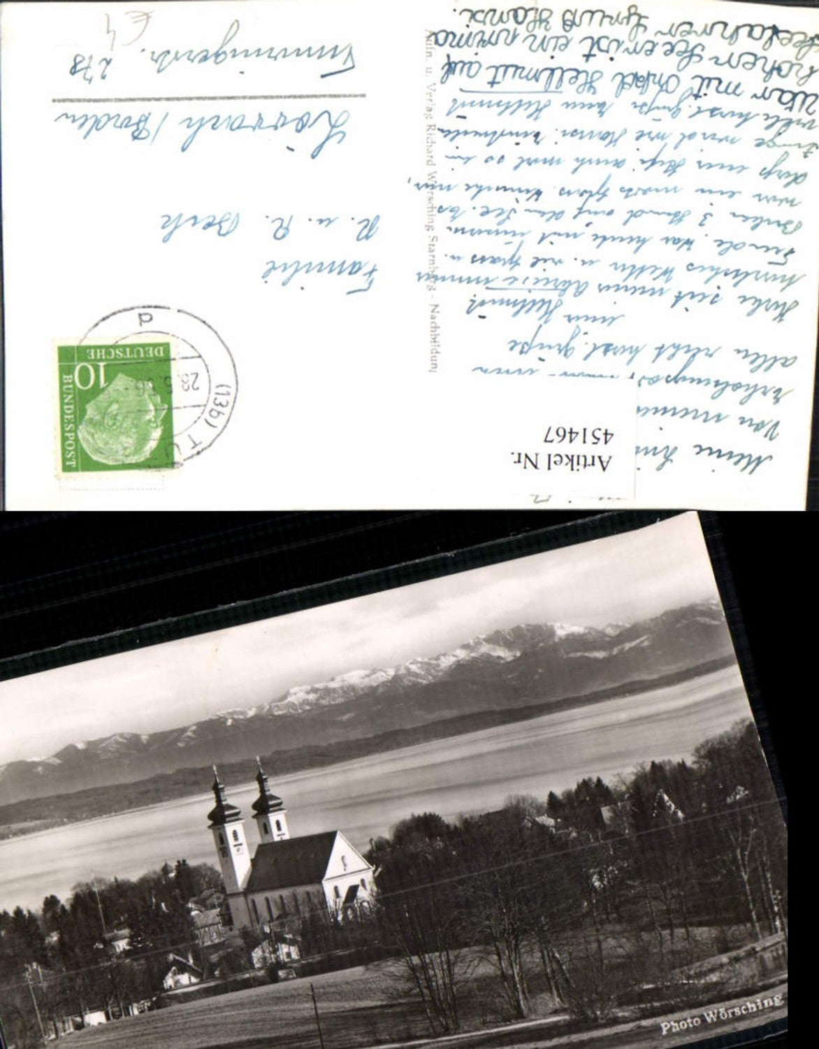 451467,Tutzing Teilansicht Kirche m. Gebirge Bergkulisse