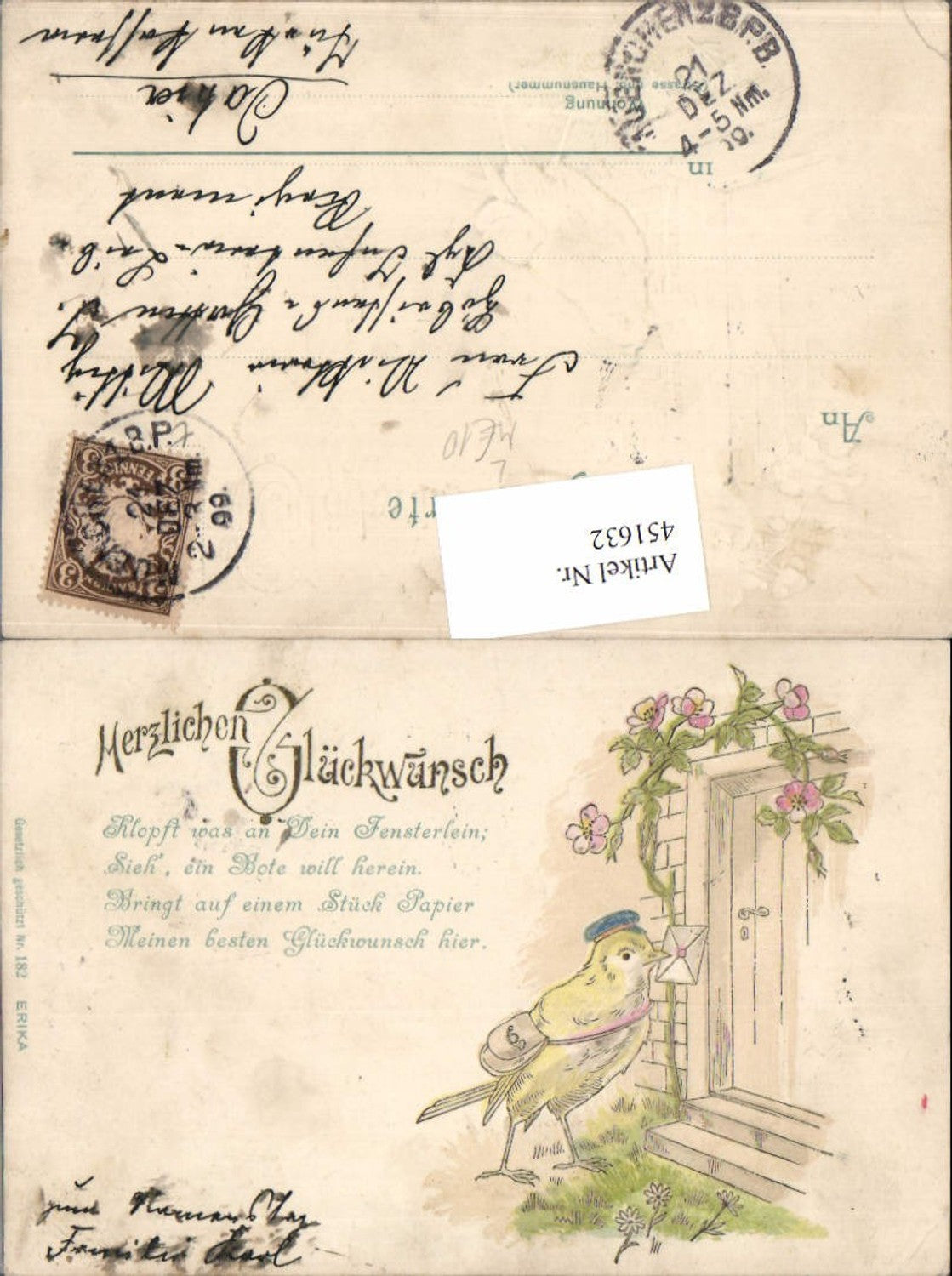 451632, Embosser Artist Lithograph Congratulations Saying Bird Postman Letter Door