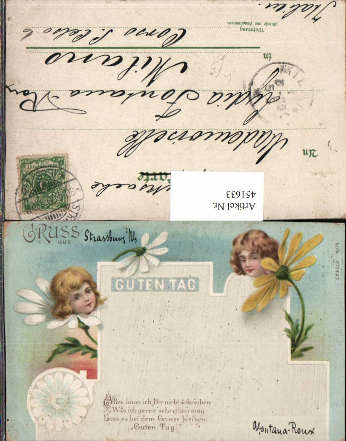 451633, Artist Lithograph Good Day Saying Text Children Heads Flowers