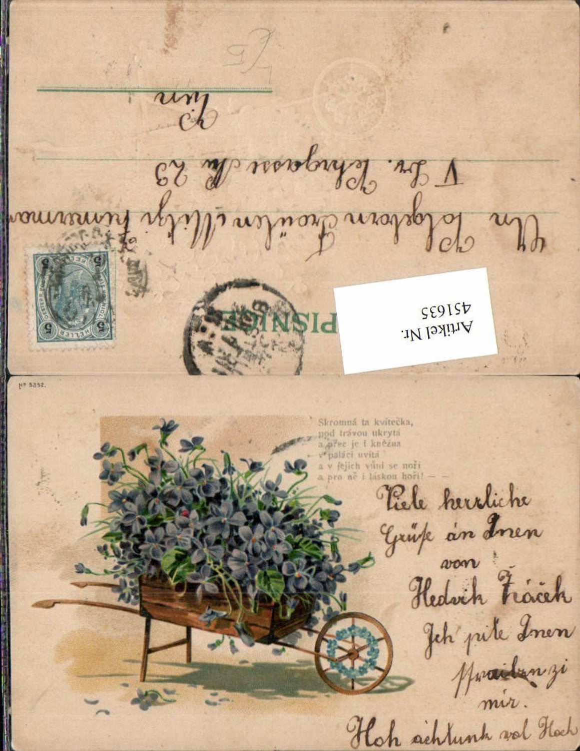 451635,Präge Künstler Litho Spruch Text Schubkarre Veilchen Blumen