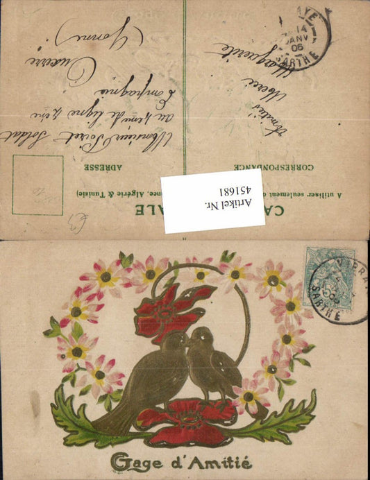 451681, Embosser Relief Artist AK Gage Friendship Turtledoves Birds Flowers
