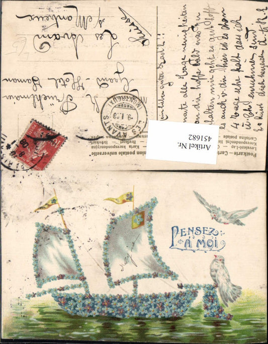 451682, embossing artist lithograph Pensez a moi sailing ship made of flowers doves