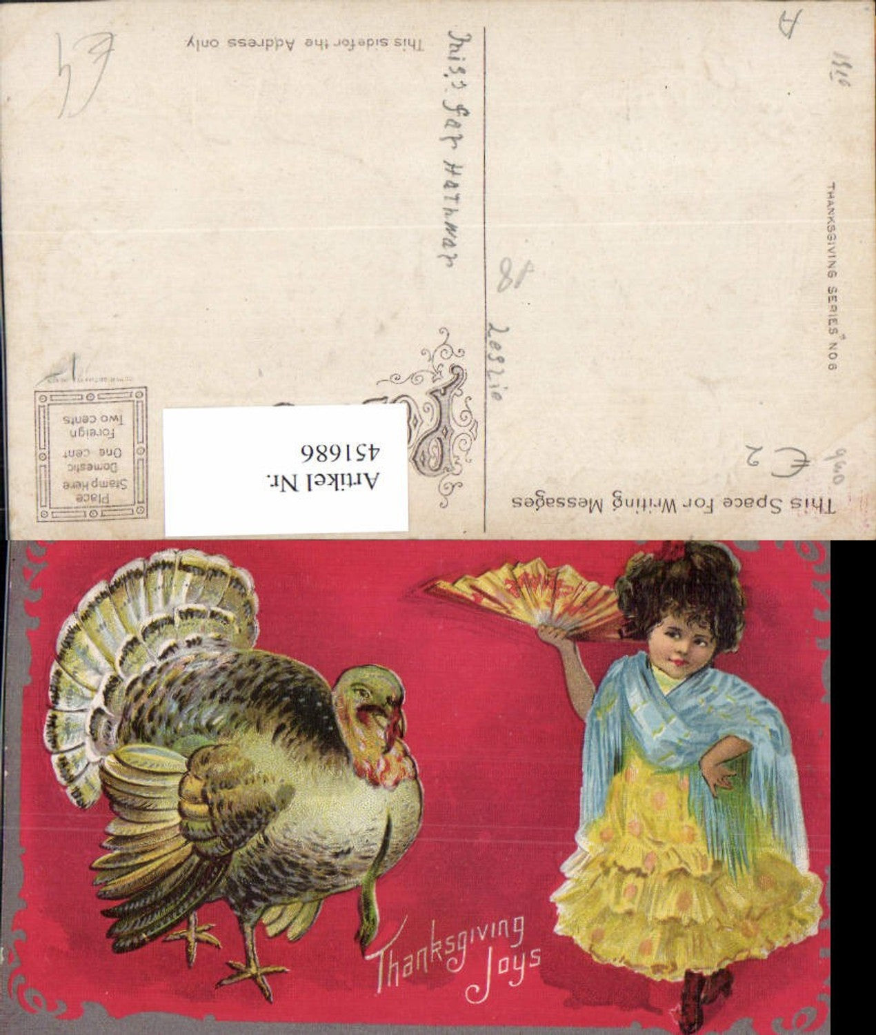 451686, Artist AK Thanksgiving Harvest Turkey Girl Fan