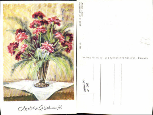 451703,Künstler AK B. Carati 4207 Glückwunsch Nelken Blumen Vase