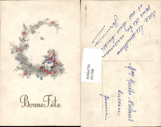 451708,Künstler AK Bonne Fete Kind Geige Blumen Schmetterling