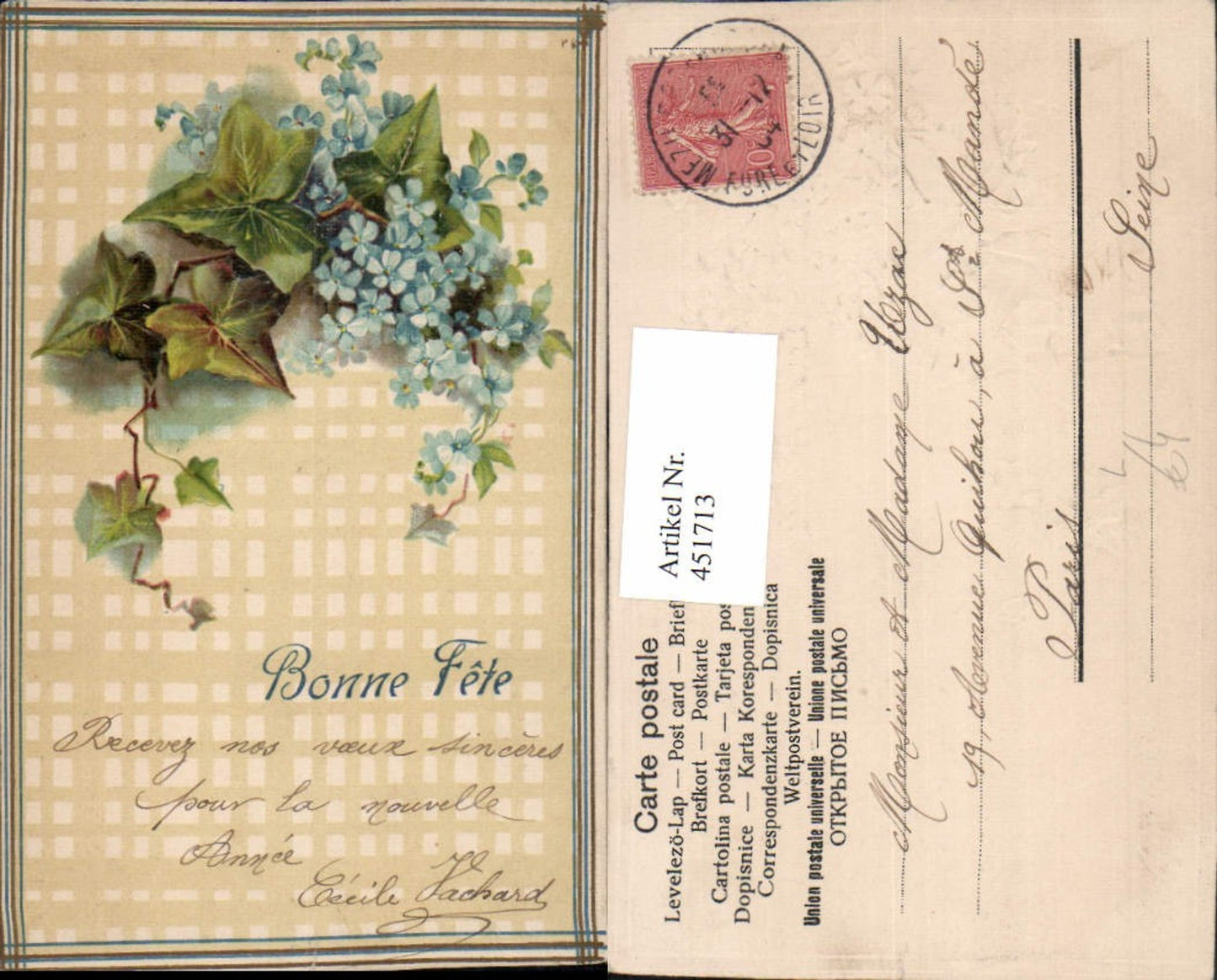 451713,Präge Künstler Litho Bonne Fete Blumen Blätter