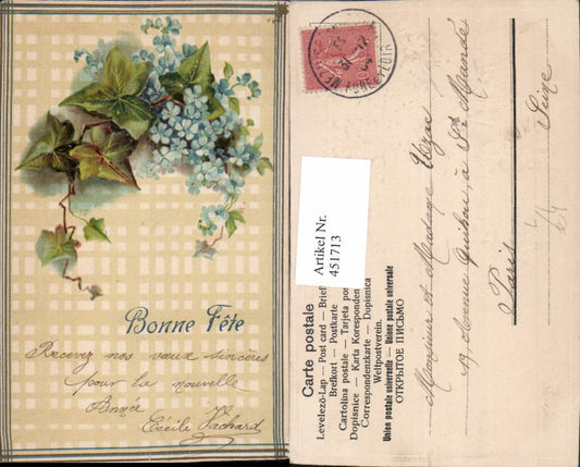 451713,Präge Künstler Litho Bonne Fete Blumen Blätter