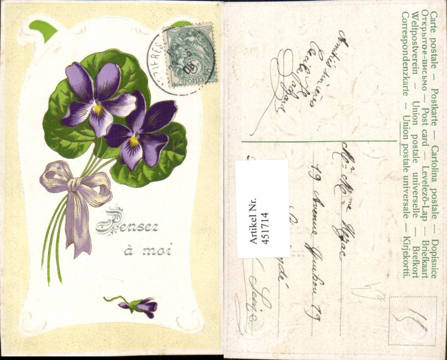 451714,Präge Künstler Litho Pensez a moi Veilchen Blumen Schleife