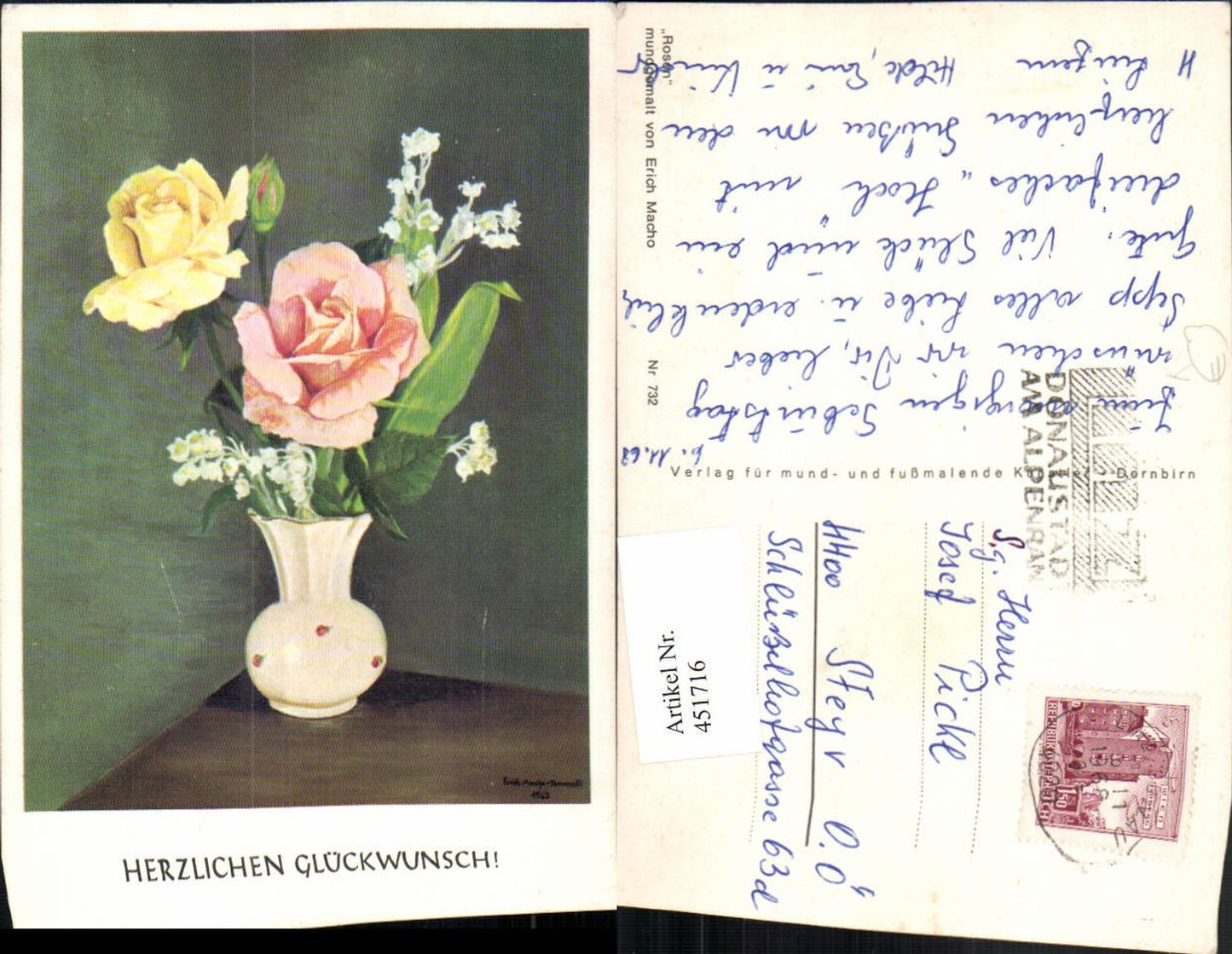 451716,Künstler AK Erich Macho 732 Glückwunsch Rosen Vase