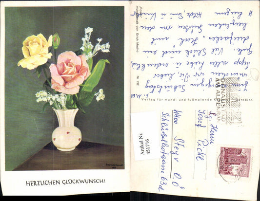451716,Künstler AK Erich Macho 732 Glückwunsch Rosen Vase