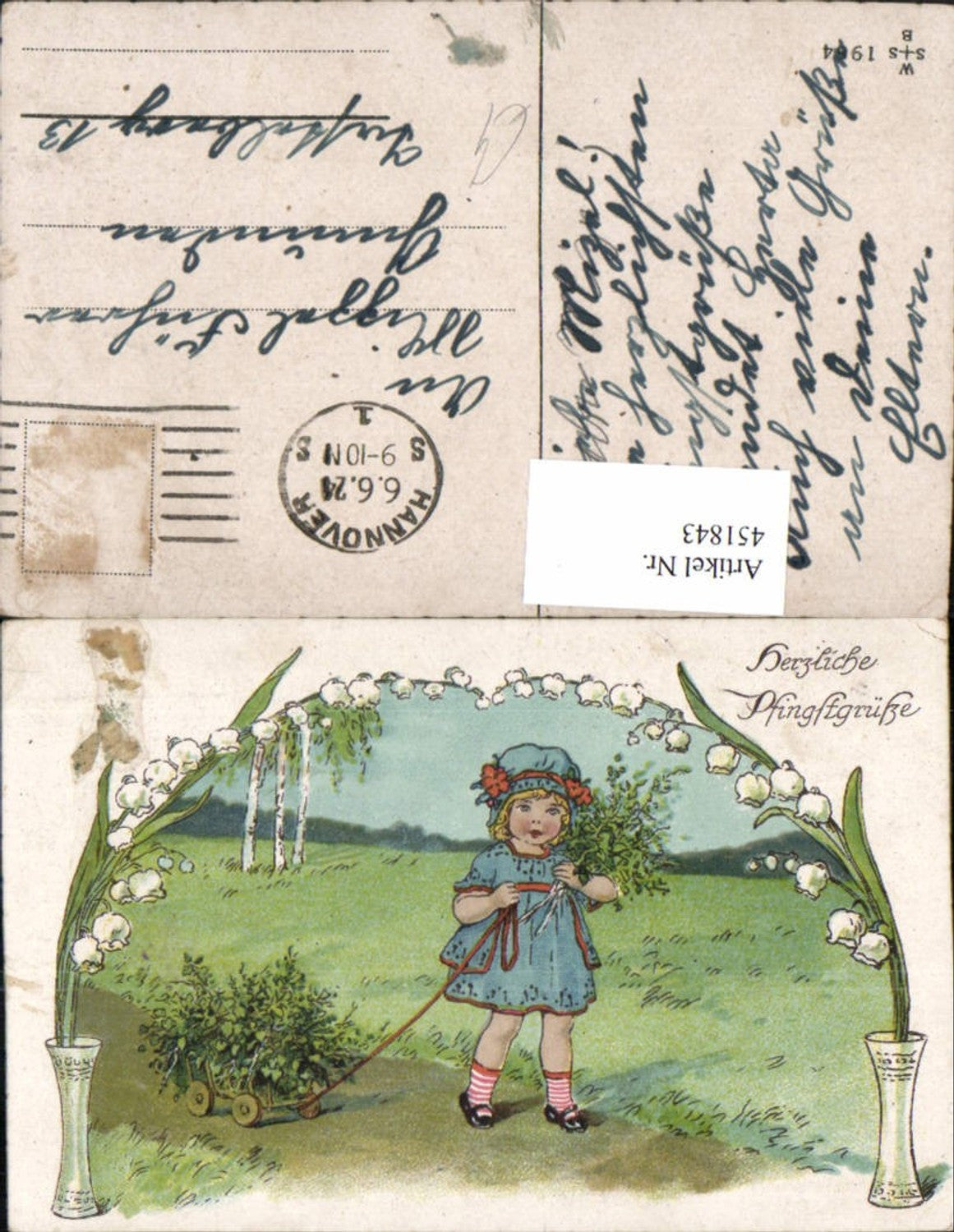 451843,Künstler AK Pfingsten Landschaft Mädchen Maiglöckchen