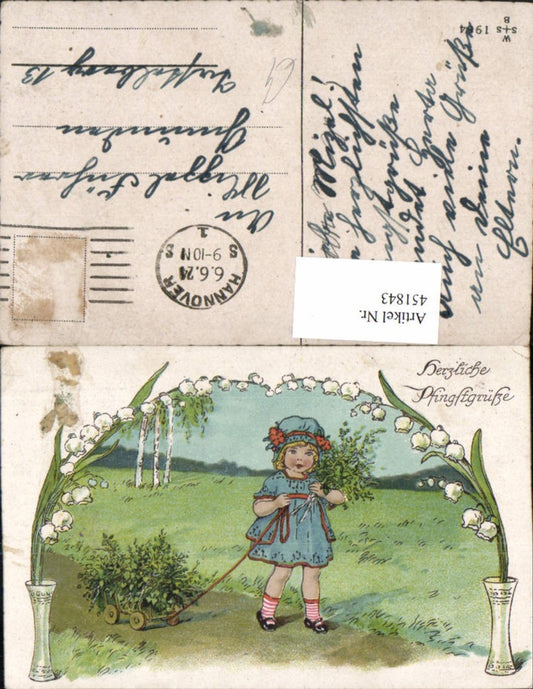 451843,Künstler AK Pfingsten Landschaft Mädchen Maiglöckchen