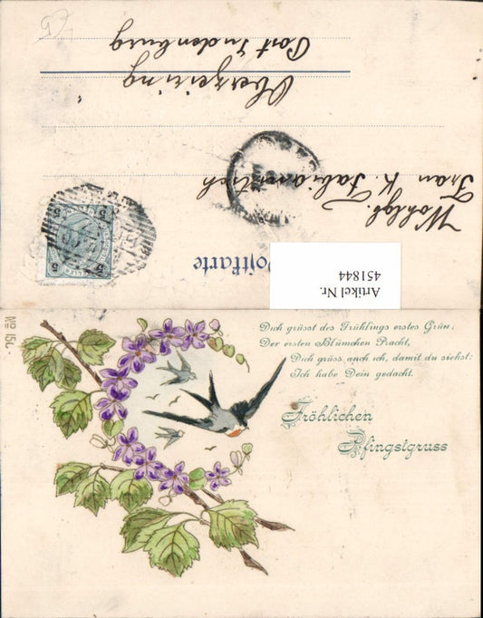 451844,Präge Künstler Litho Pfingsten Blumen Haselnusszweig Schwalben