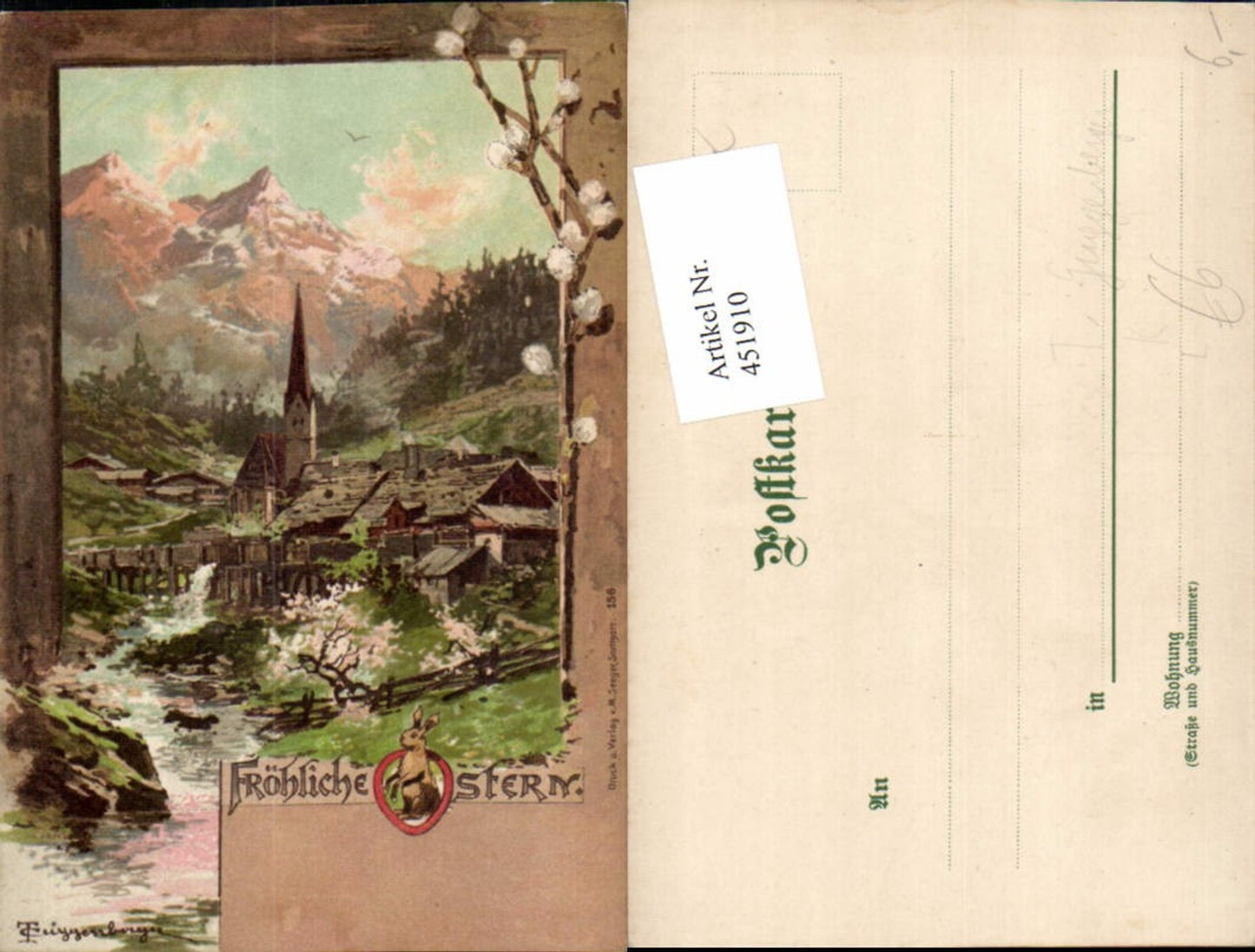 451910, Artist Lithograph T. Guggenberger Easter Landscape Village Mountain Scenery