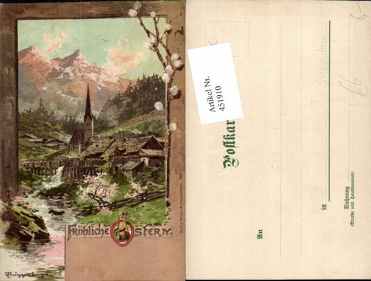451910, Artist Lithograph T. Guggenberger Easter Landscape Village Mountain Scenery