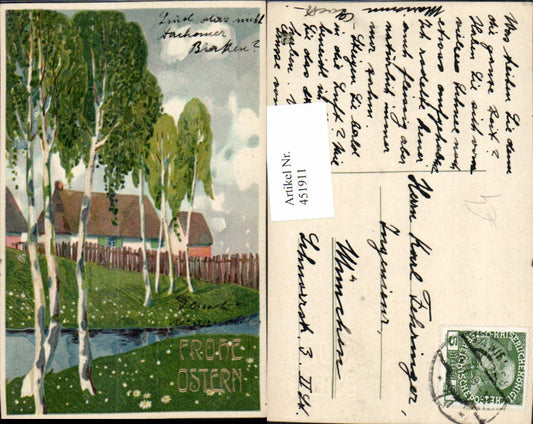451911, Artist AK Easter Landscape Houses Birch Trees