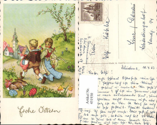 451930,Künstler AK Ostern Kinder Paar Ostereier Hase Kirche