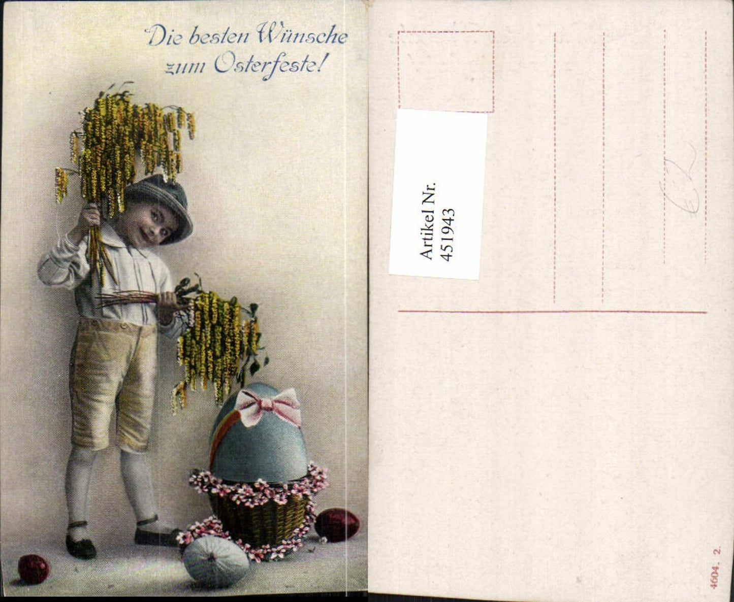 451943,Ostern Bub Junge m. Hut Kätzchen Zweige Osterei Korb