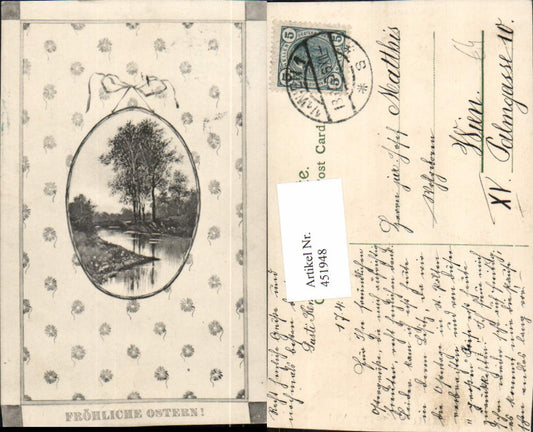 451948,Künstler AK Ostern Landschaft Passepartout Blumen