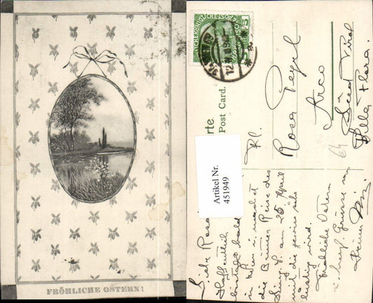 451949,Künstler AK Ostern Landschaft Passepartout Blumen