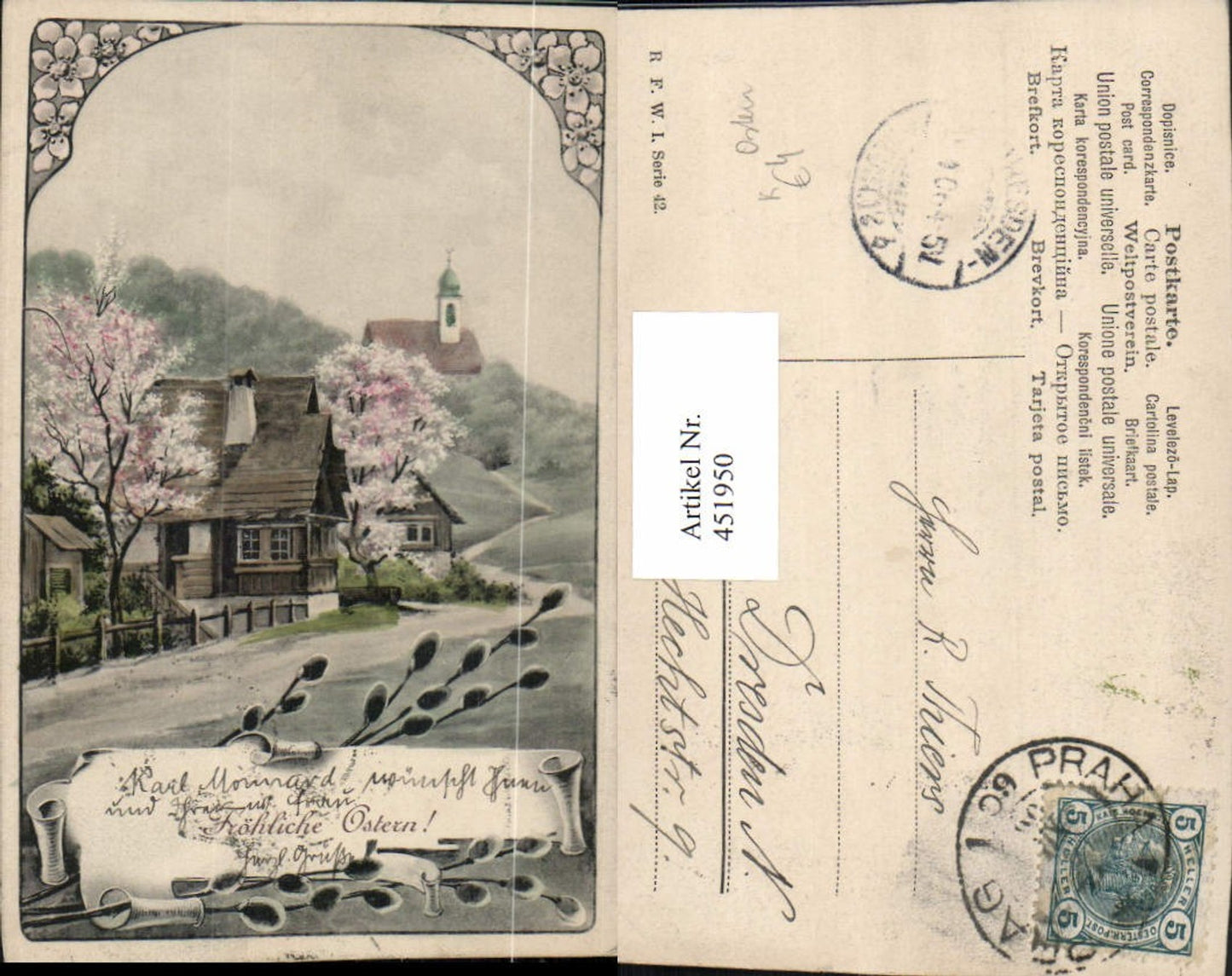451950,Künstler AK Ostern Landschaft Dorf Kirche Palmkätzchen