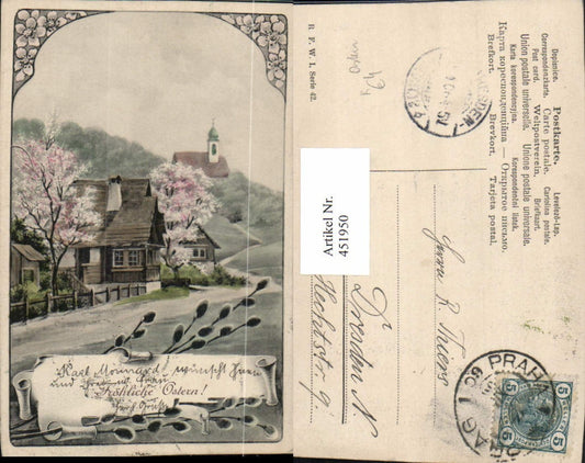 451950,Künstler AK Ostern Landschaft Dorf Kirche Palmkätzchen