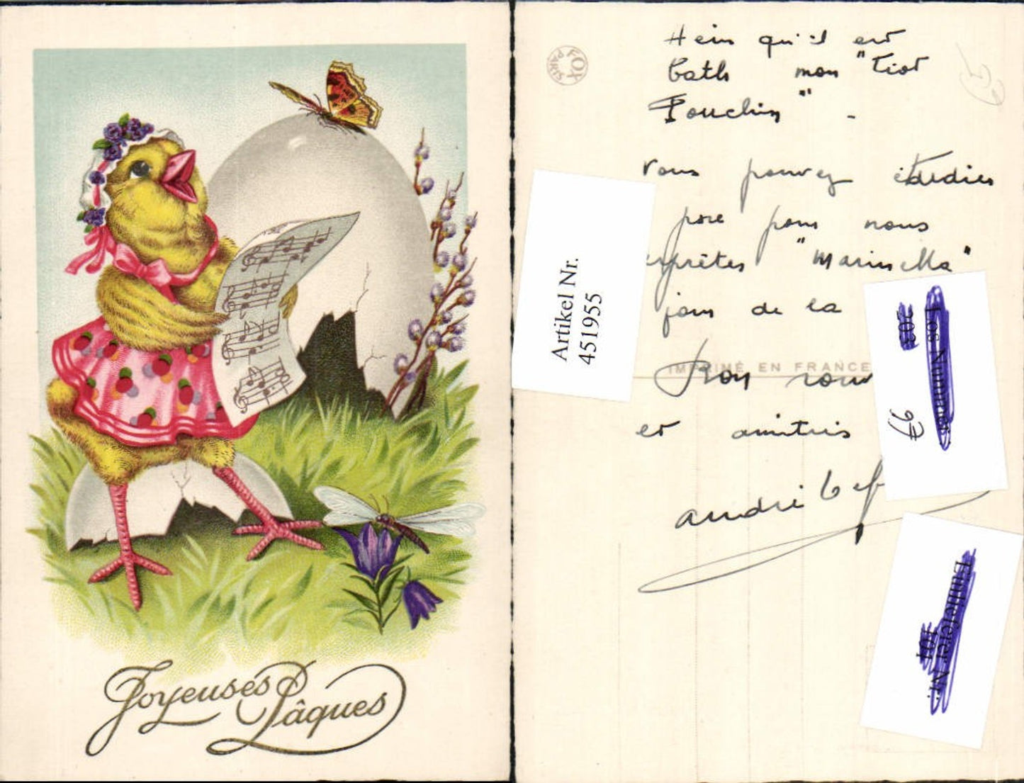 451955, Artist AK Easter chick anthropomorphized song sheet butterfly