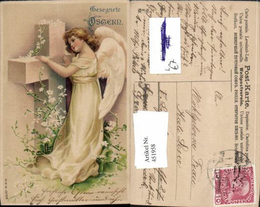 451958,Präge Künstler Litho Ostern Engel Kreuz Blumen