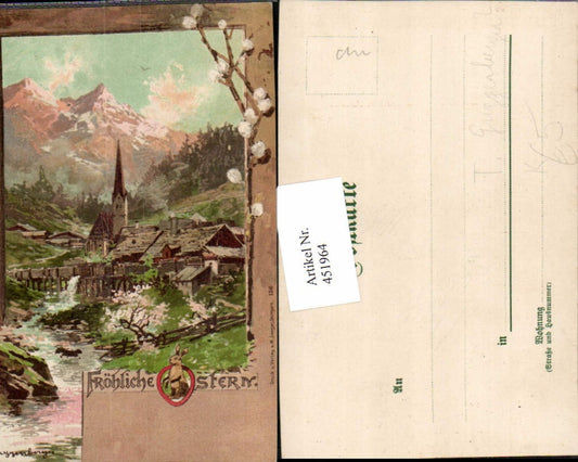 451964,Künstler AK T. Guggenberger Ostern Landschaft Dorf Bergkulisse