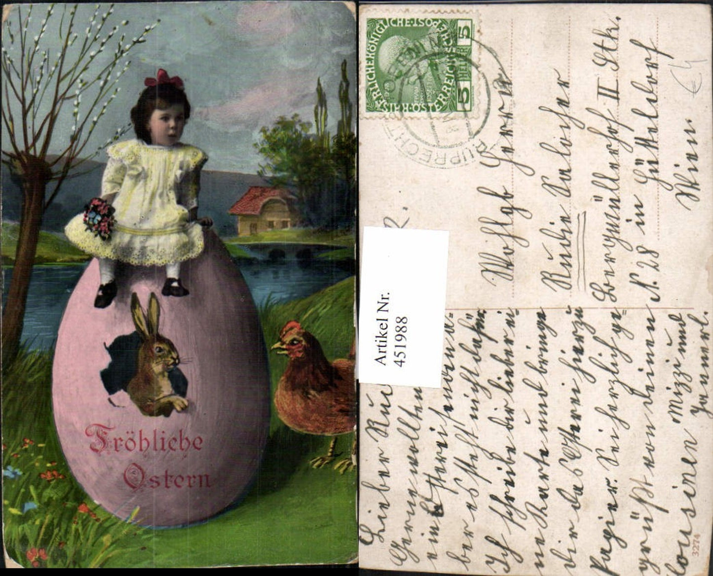 451988, Artist AK Easter Child Girl Easter Egg Egg Rabbit Chicken