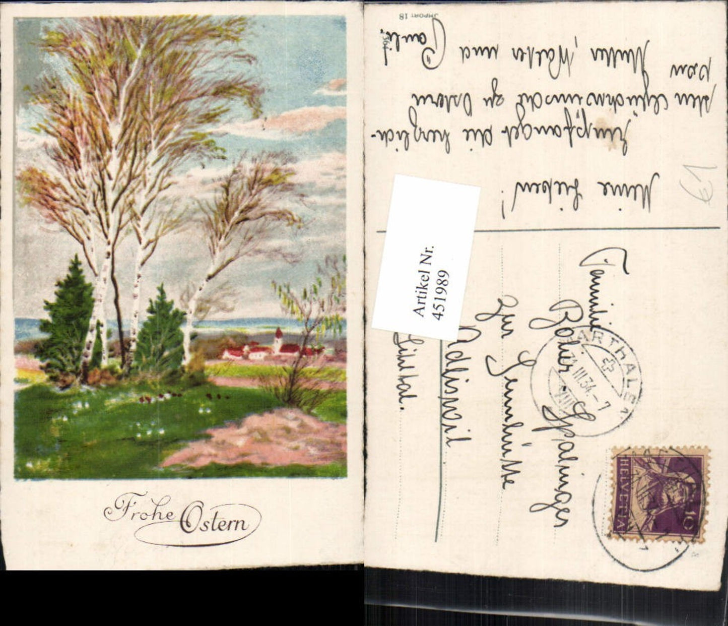 451989, Artist AK Easter Landscape Village Trees