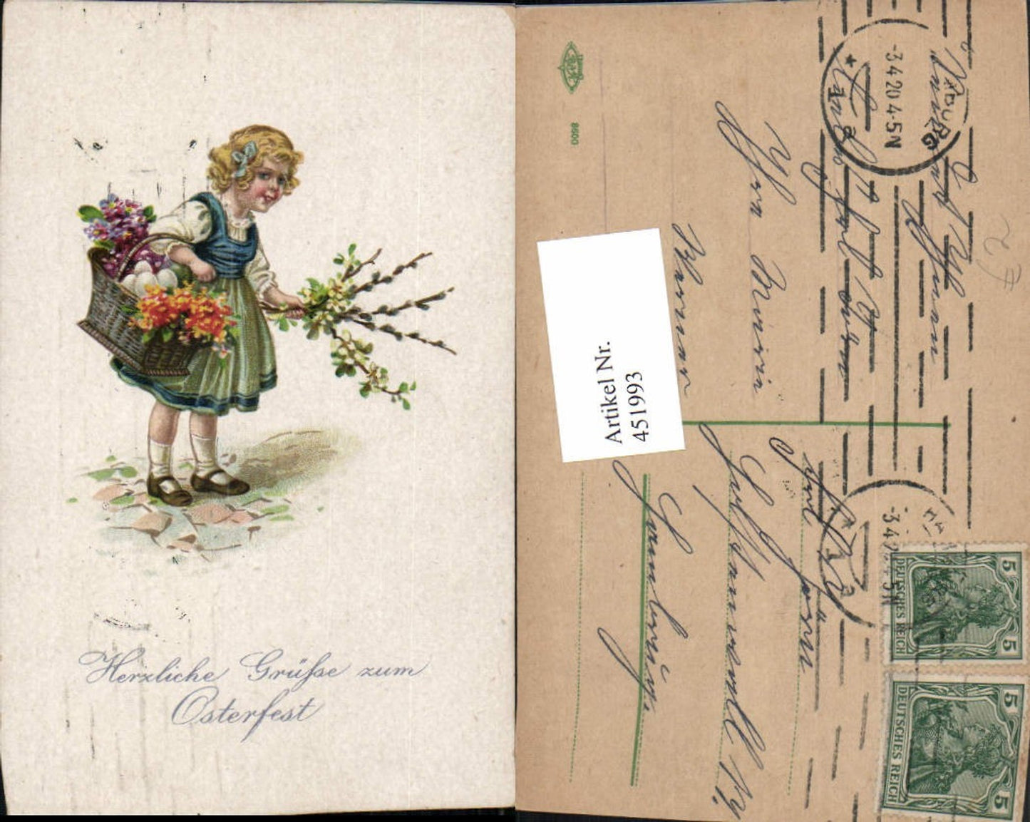 451993, Artist AK Easter Girl Traditional Costume Basket Flowers Eggs
