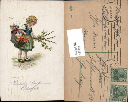 451993, Artist AK Easter Girl Traditional Costume Basket Flowers Eggs