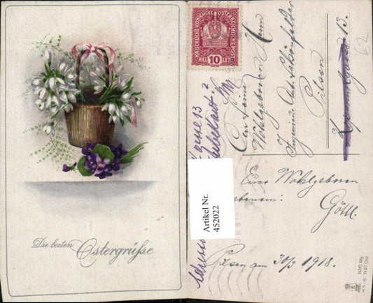 452022,Künstler AK Ostern Blumen Veilchen Korb Schleife