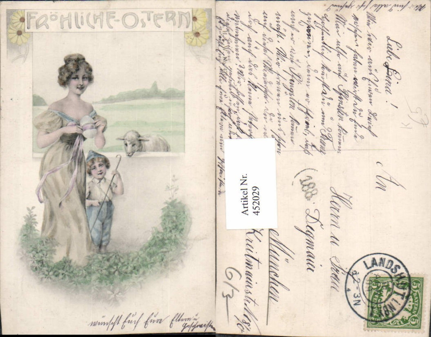 452029,Künstler AK Ostern Frau Kleid Kind Hirte Lamm Ei