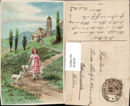 452030,Künstler AK Ostern Mädchen Lilie Lämmer Schafe Kirche pub HWB 2526