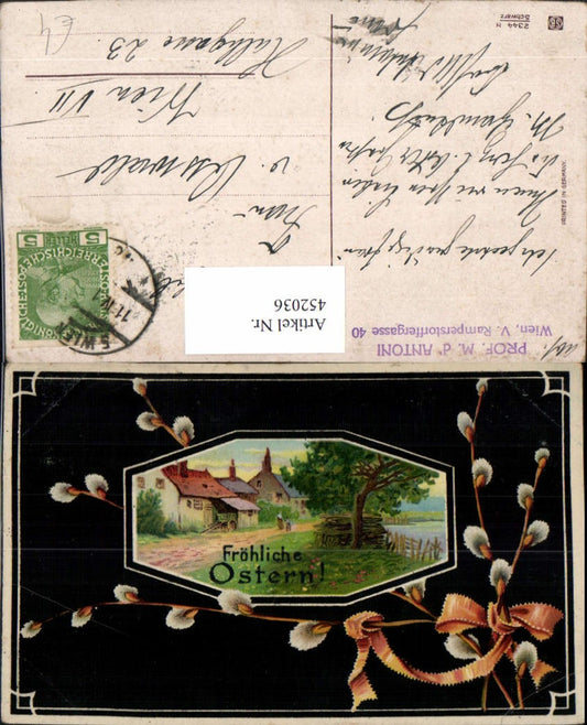 452036,Künstler AK Ostern Landschaft Häuser Passepartout Palmkätzchen
