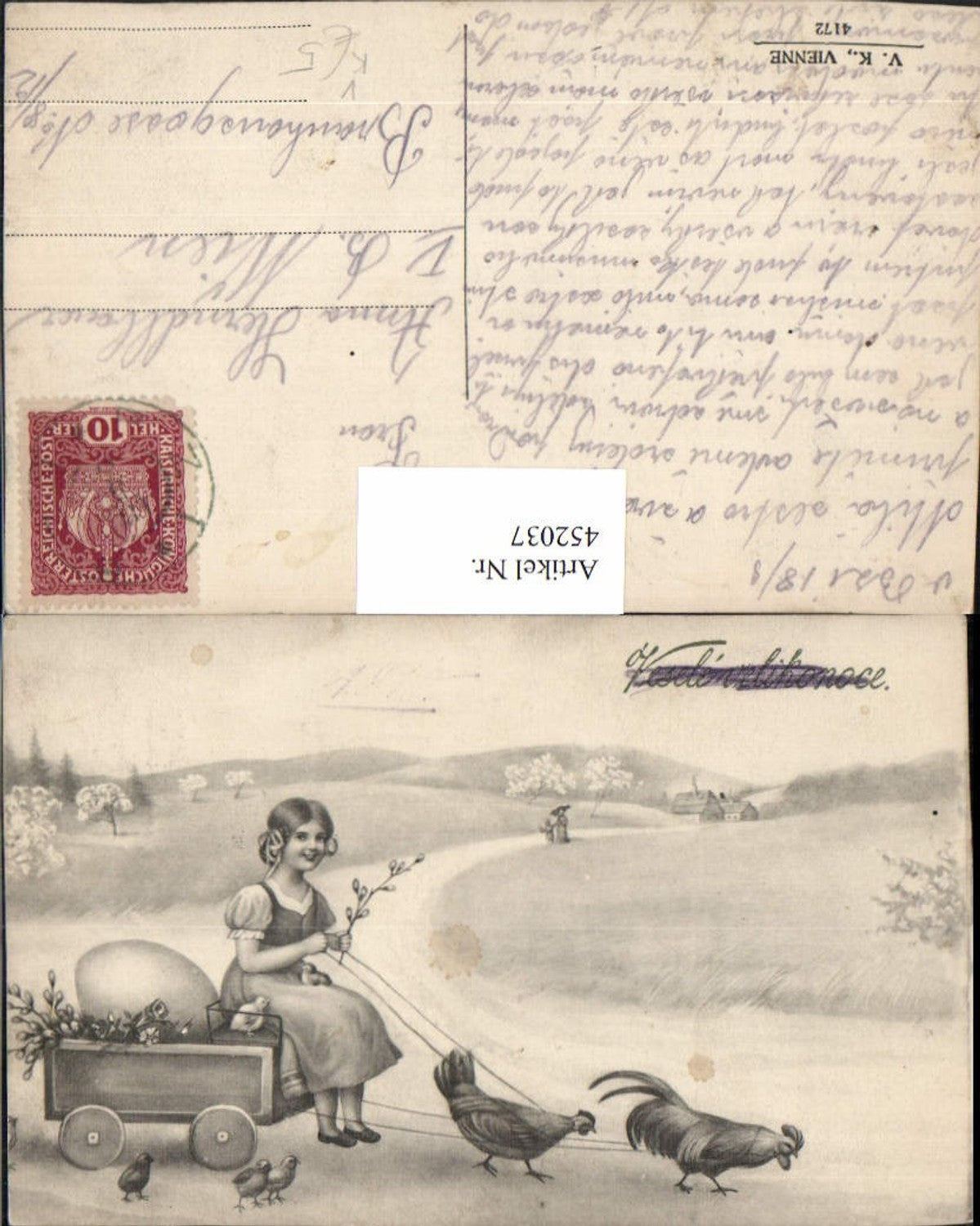 452037, Artist AK Easter Girl Animal Team Chickens Egg pub VK Vienna 4172