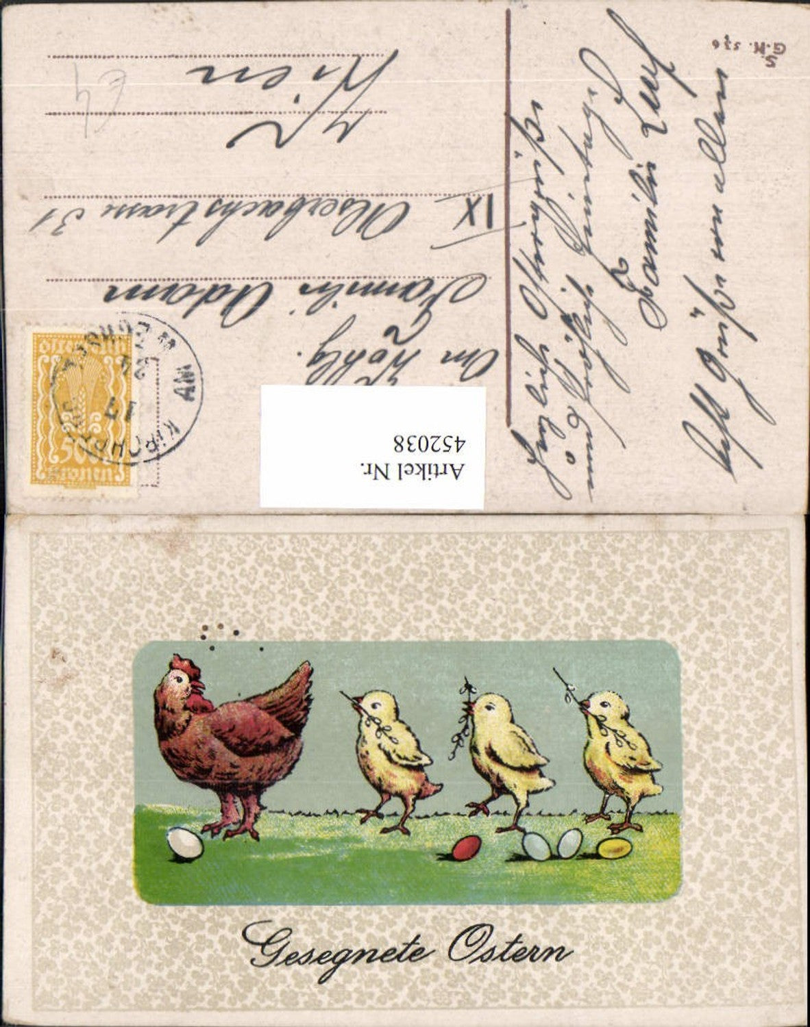 452038,Künstler AK Ostern Huhn Küken Eier
