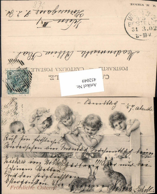 452049, Artist AK R. Wichera Easter Children Fence Rabbits pub M. Munk Vienna