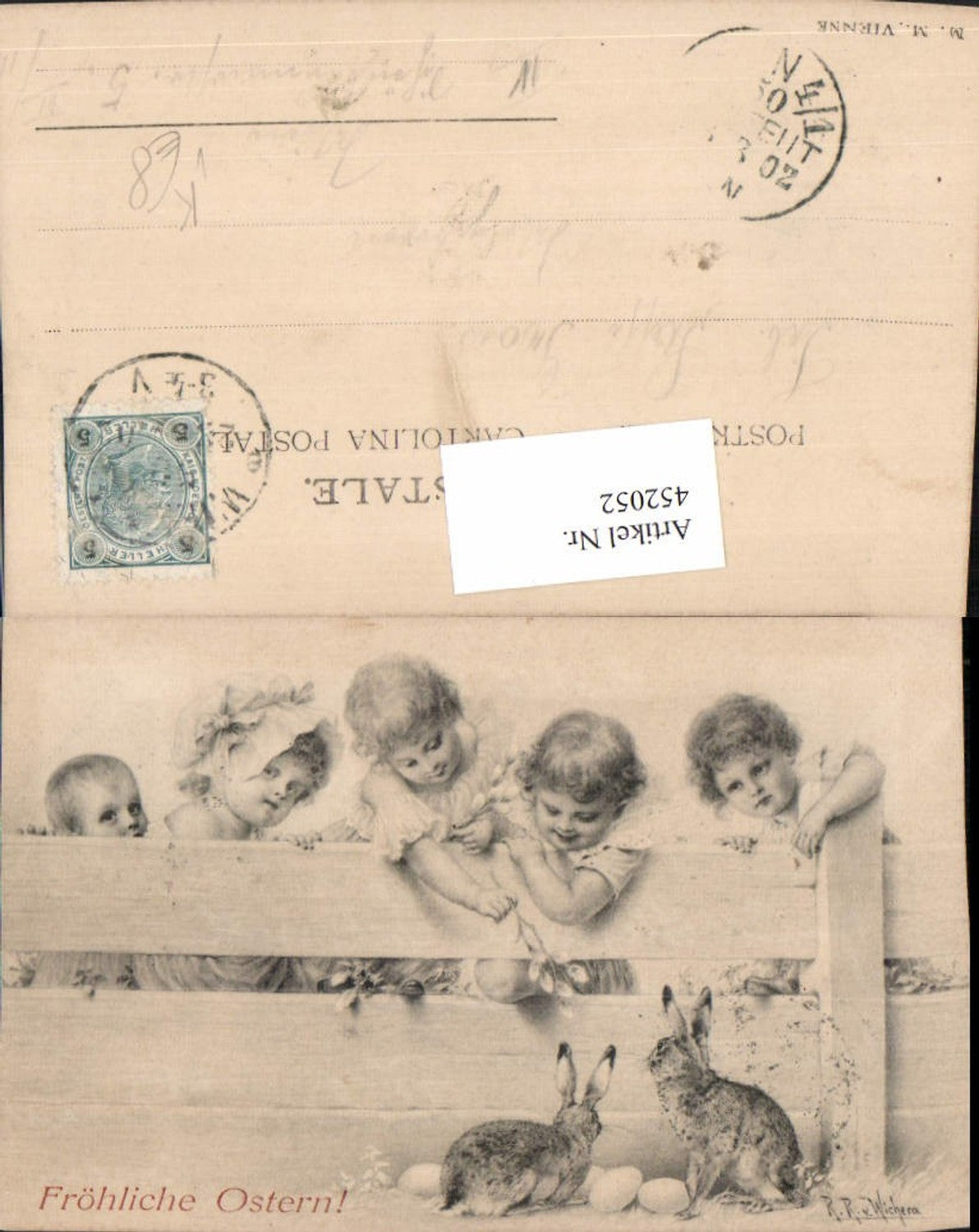 452052, Artist AK R. Wichera Easter Children Fence Rabbits pub M. Munk Vienna