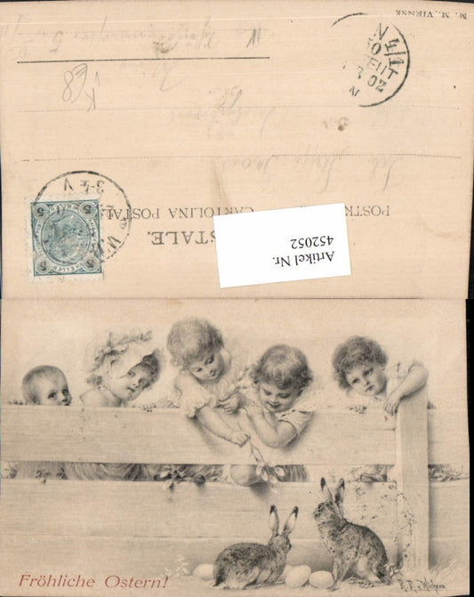 452052, Artist AK R. Wichera Easter Children Fence Rabbits pub M. Munk Vienna